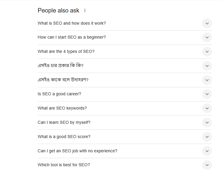 People Also Ask (PAA) Section for keyword research